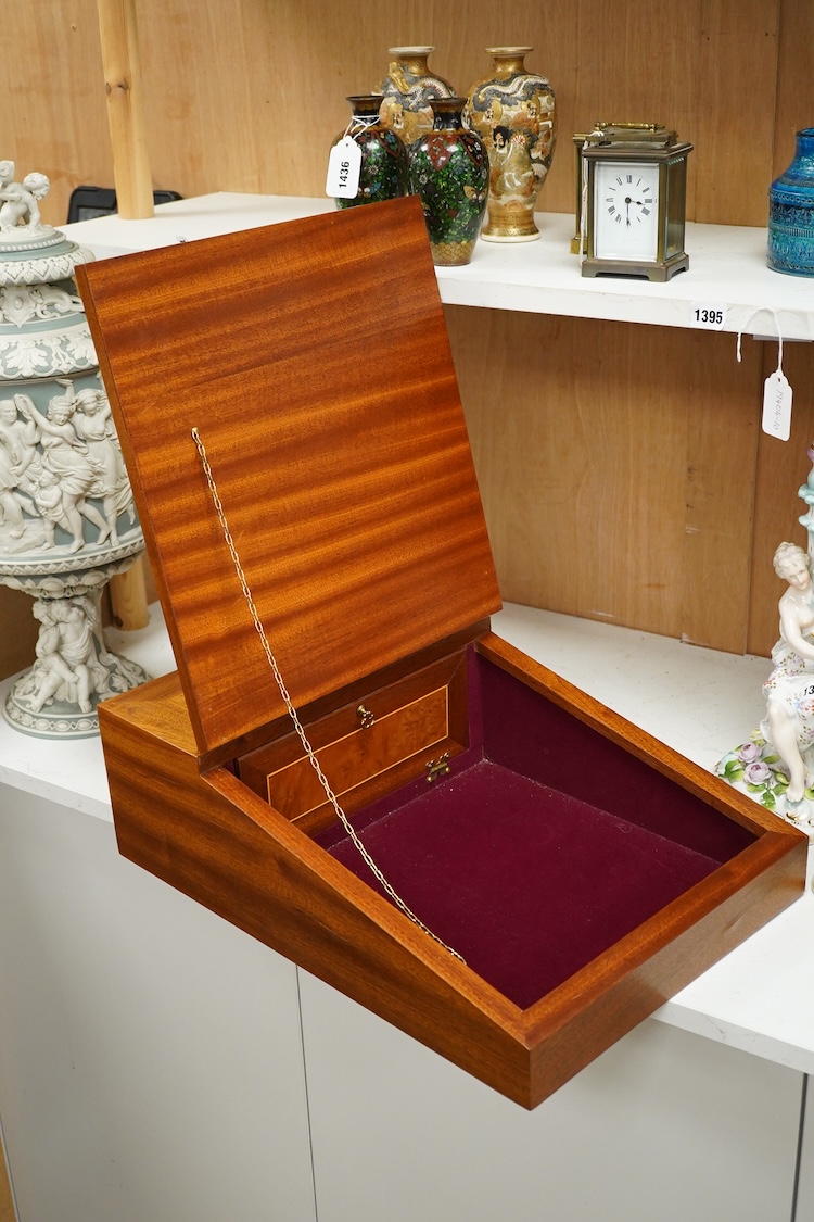 A mid 20th century mahogany and burr walnut lap desk, 53cm